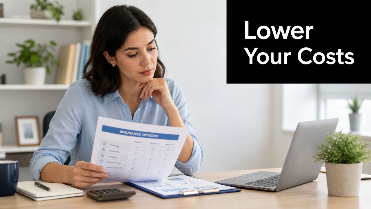 A woman reviewing insurance policy options at her desk to help lower her monthly costs.