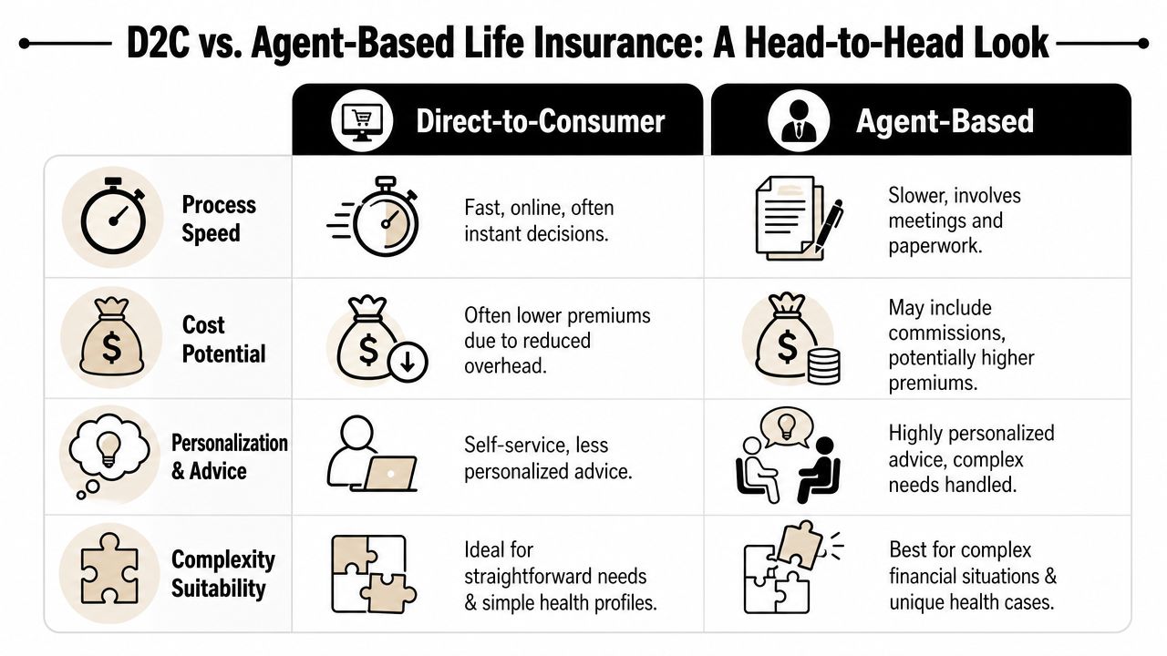 A comparison chart outlining the differences between direct-to-consumer and agent-based life insurance purchasing processes.