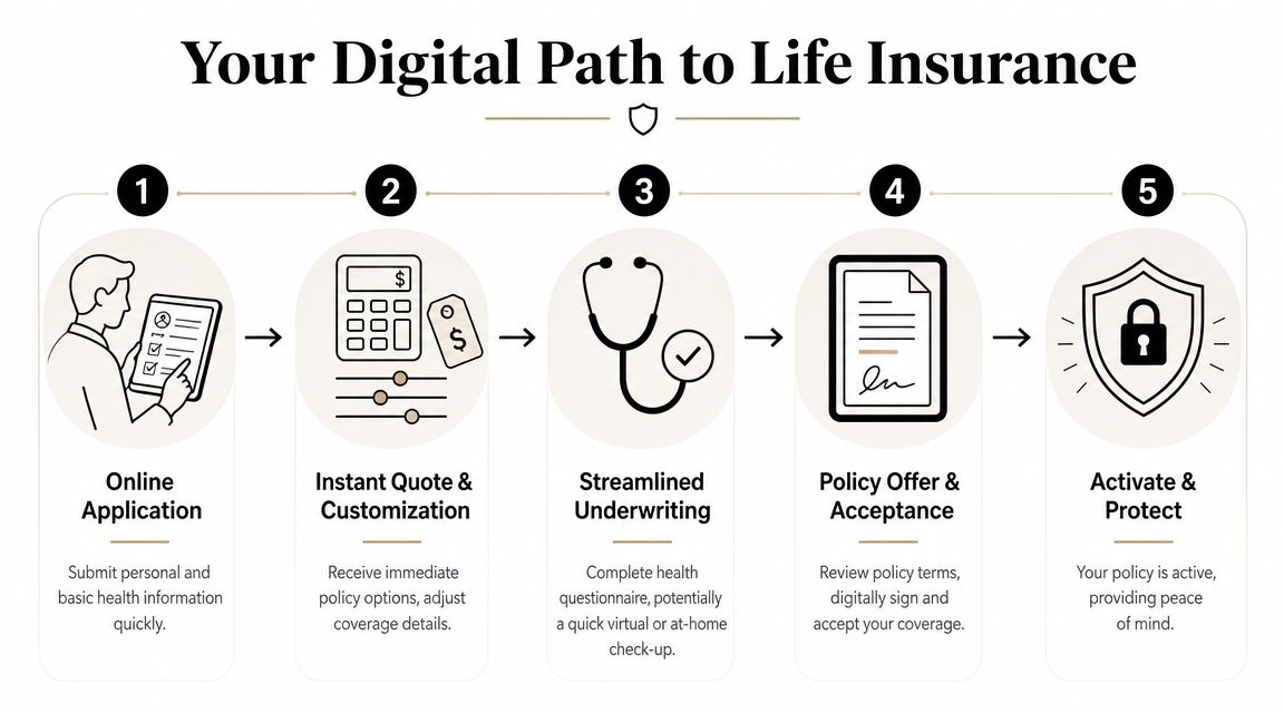 A five-step digital infographic explaining the streamlined process for applying for life insurance online.