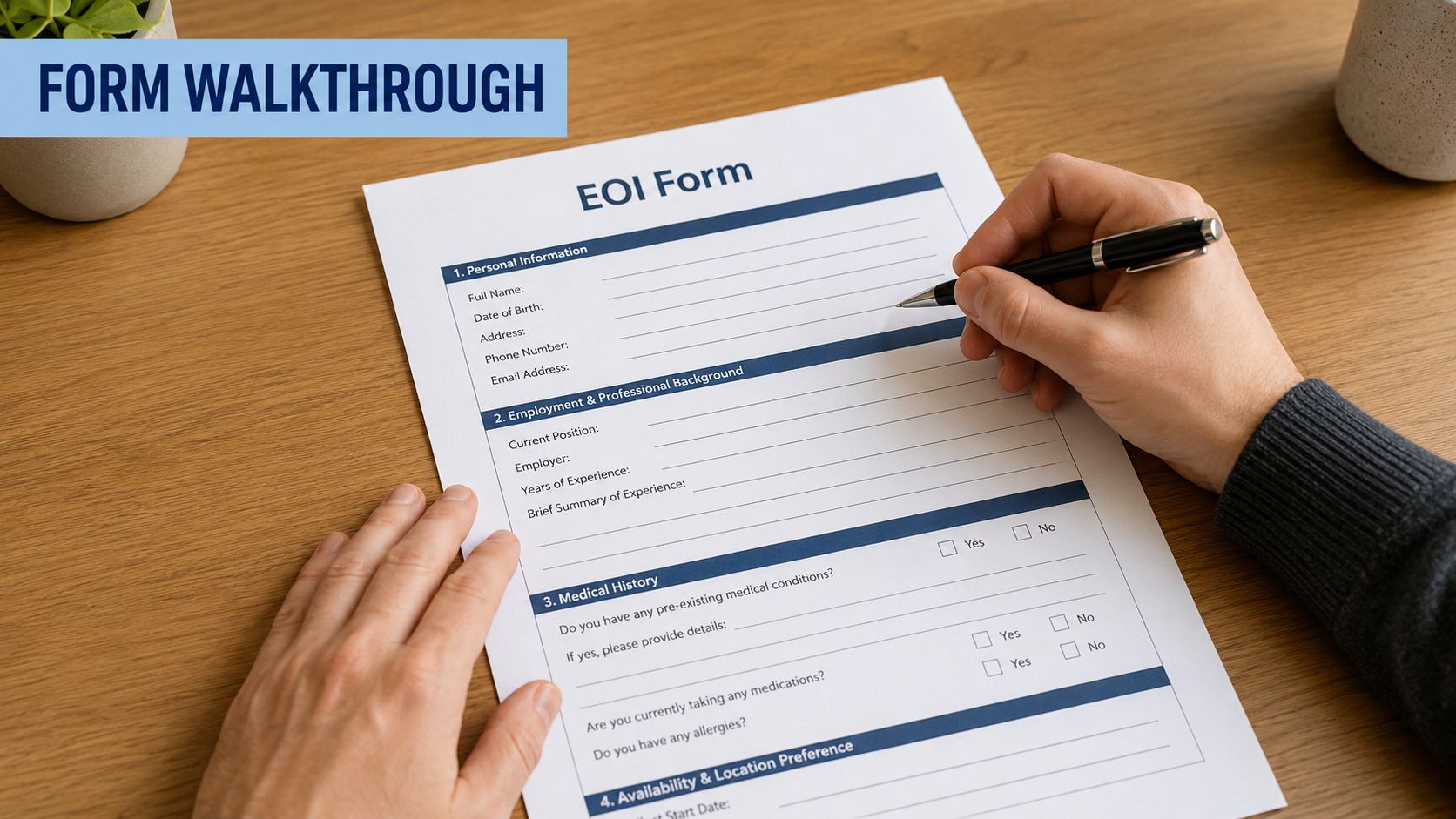 A person filling out an EOI form with a pen on a wooden table desk.