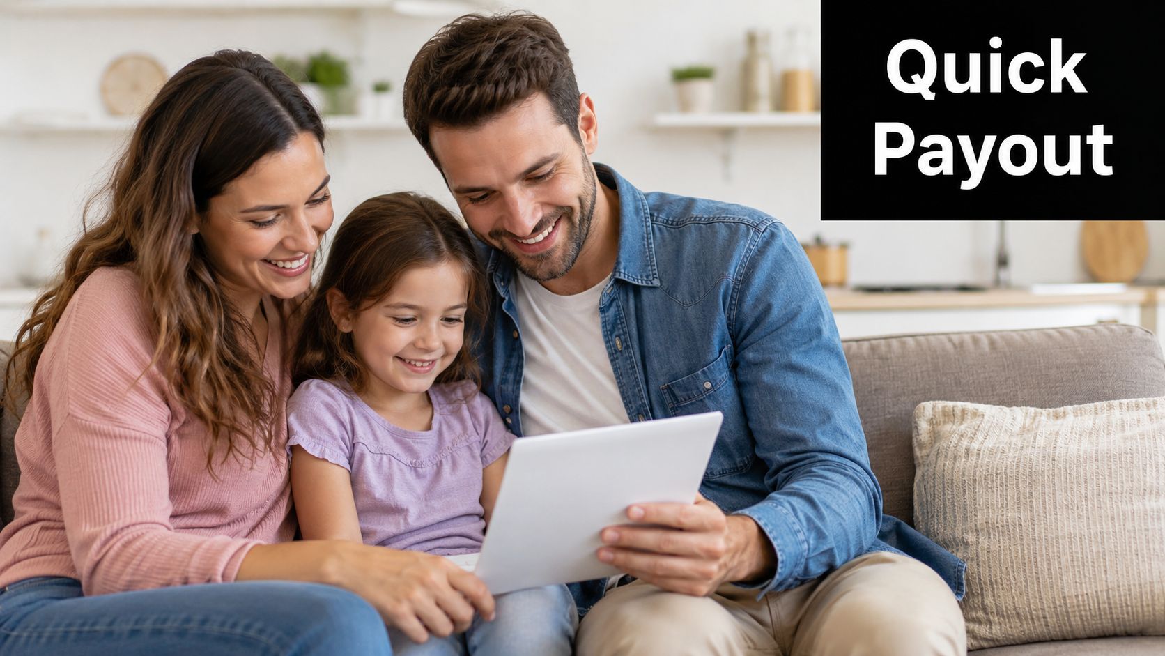 A happy family sitting on a couch while looking at a digital tablet together in a home.
