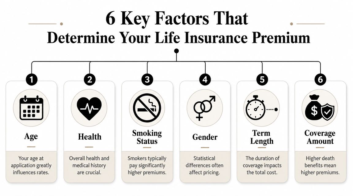 An infographic showing six primary factors that determine life insurance premiums, including age, health, and smoking status.