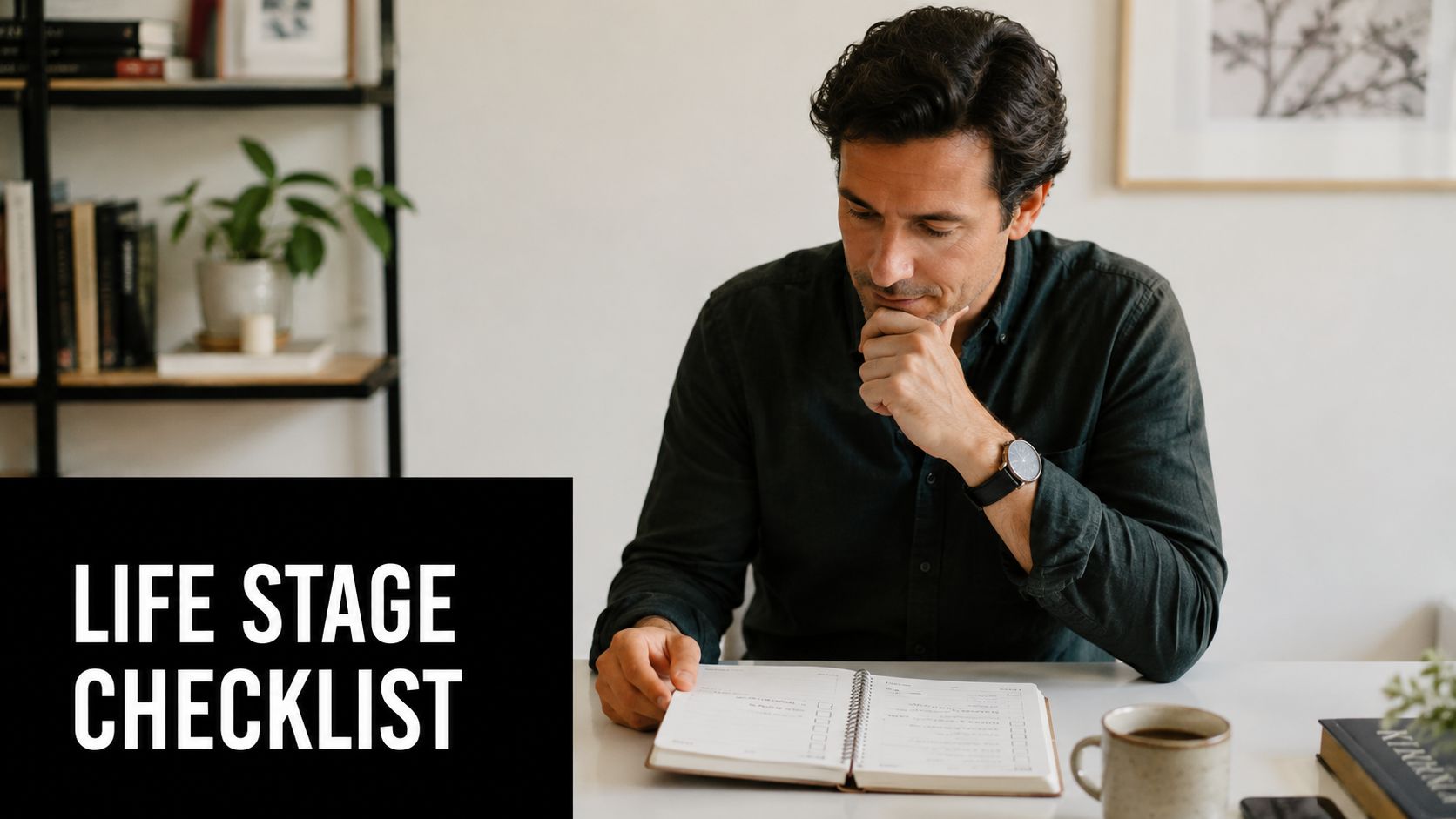 A focused man sitting at a desk reviewing a life stage checklist in his personal planner.