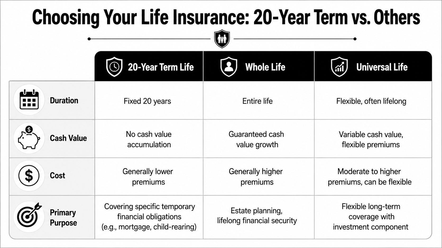 A comparison table outlining the differences between 20-year term, whole life, and universal life insurance policies.