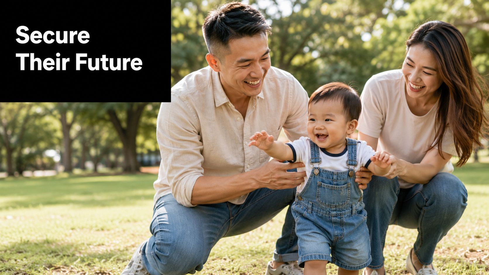 A happy young Asian family laughing together while playing with their toddler in a park.