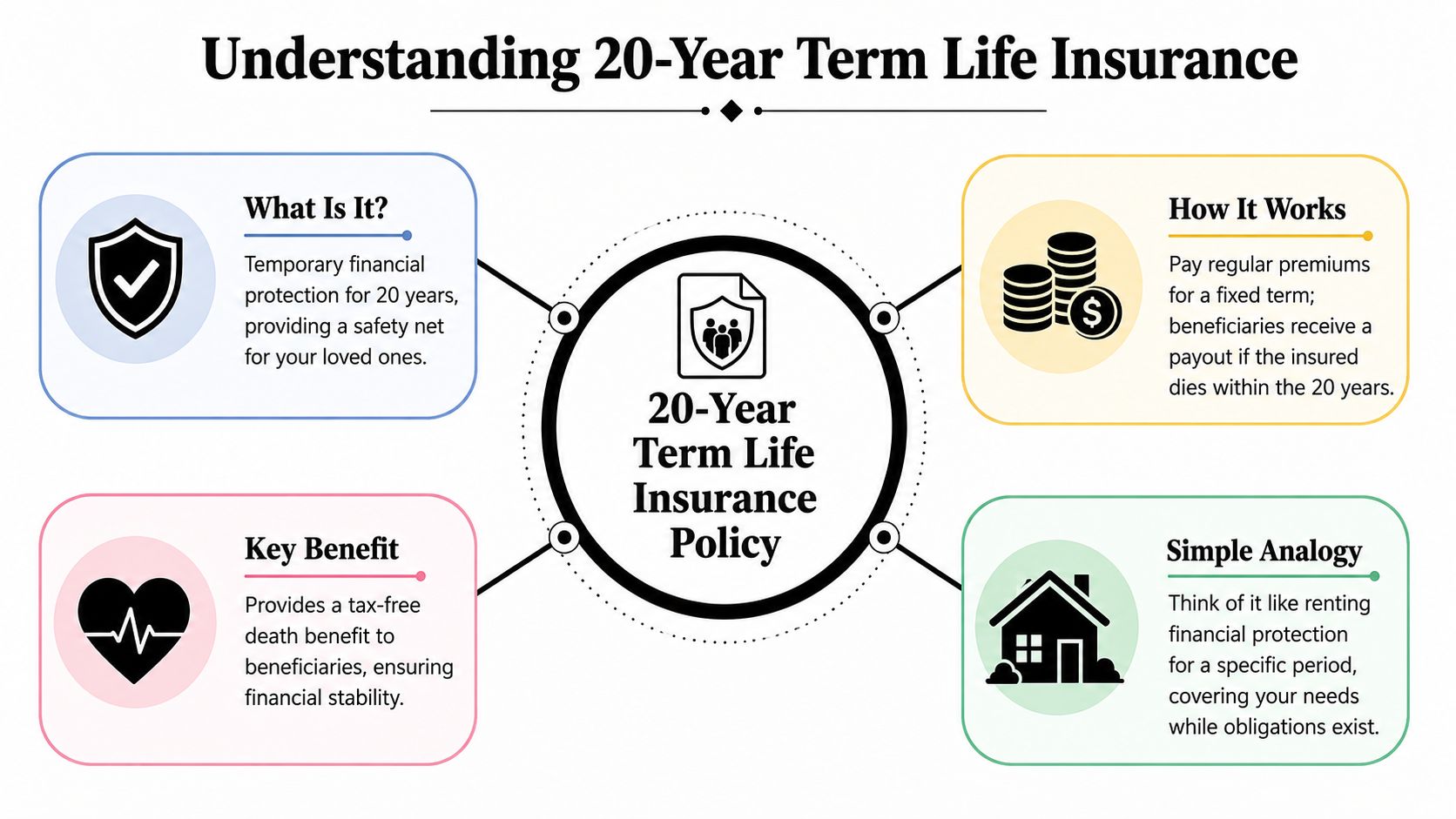 An infographic explaining the key features, benefits, and mechanics of a 20-year term life insurance policy.