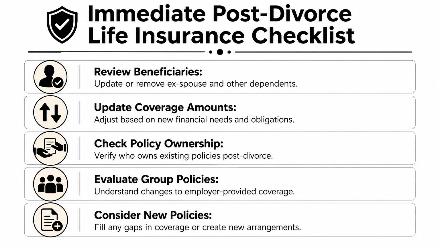 An infographic checklist for updating life insurance policies immediately after going through a divorce.