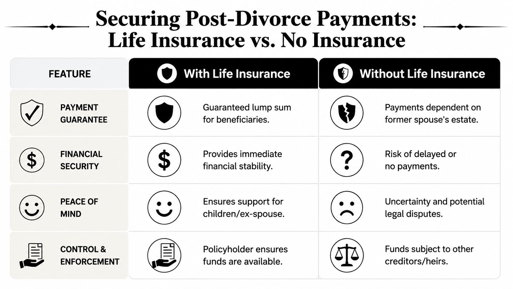 A comparison chart outlining the financial security and peace of mind benefits of life insurance after divorce.