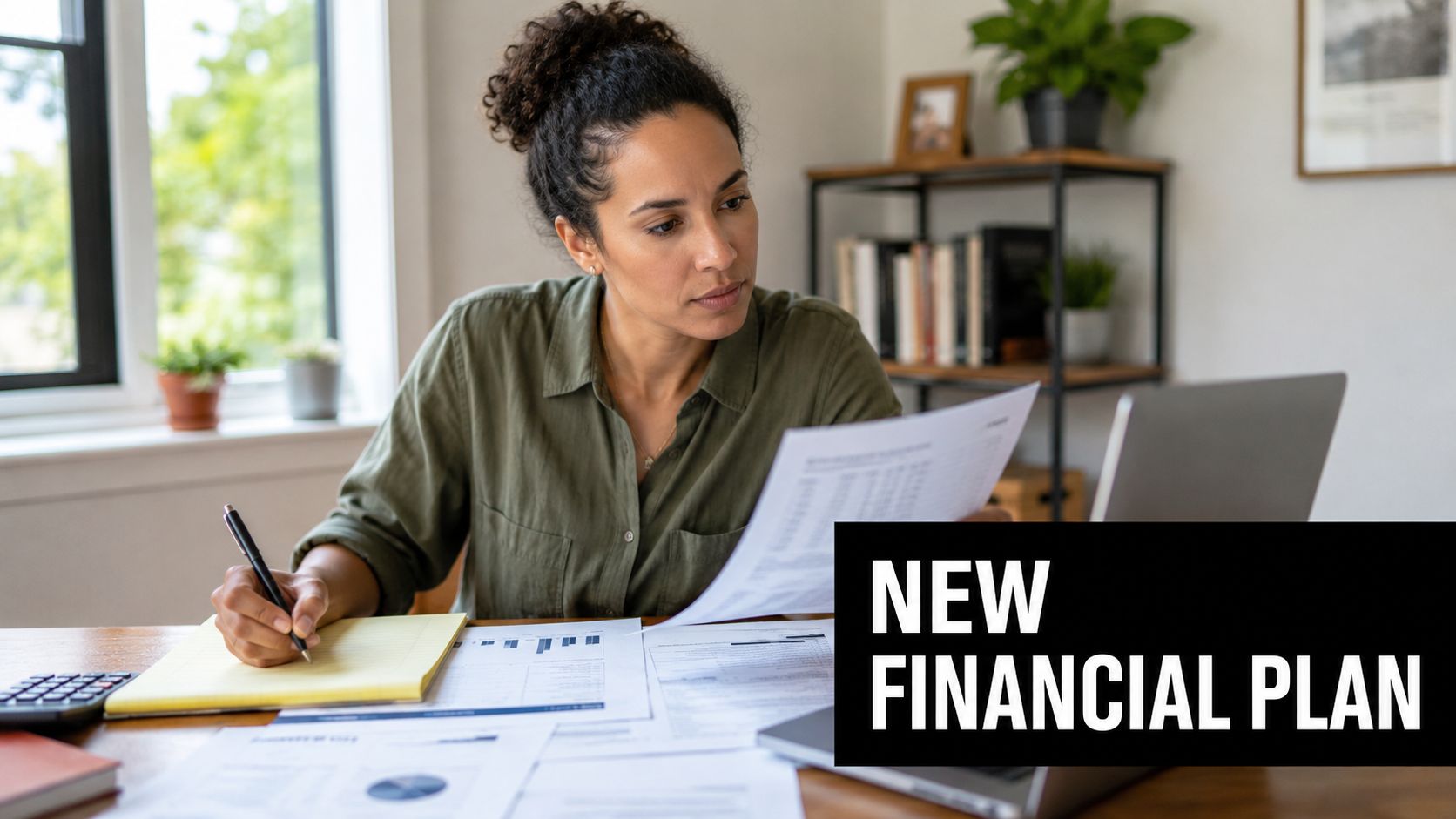 A woman working at a desk with financial documents, a laptop, and a calculator, reviewing her budget.