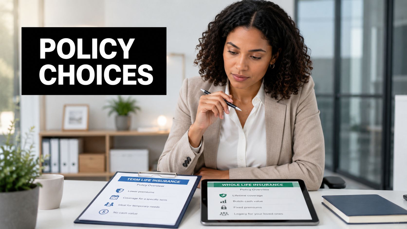 A professional woman reviews information on term and whole life insurance options at her office desk.