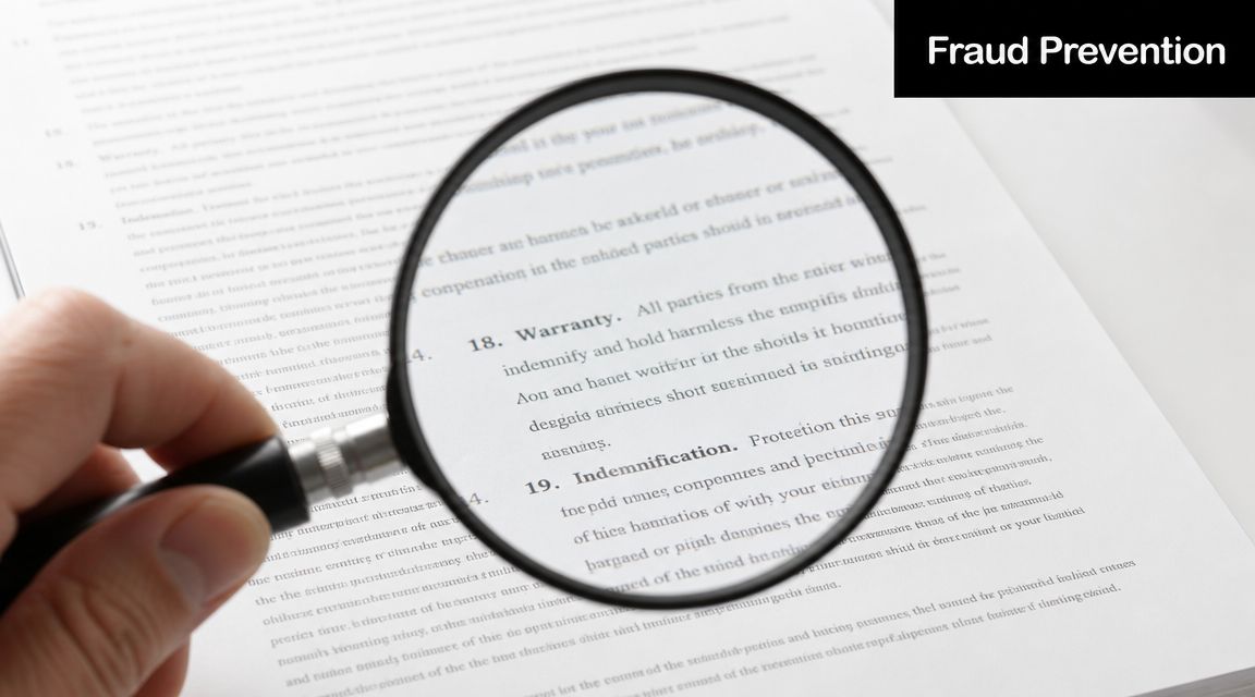 A hand holding a magnifying glass over a legal document focusing on warranty and indemnification clauses.
