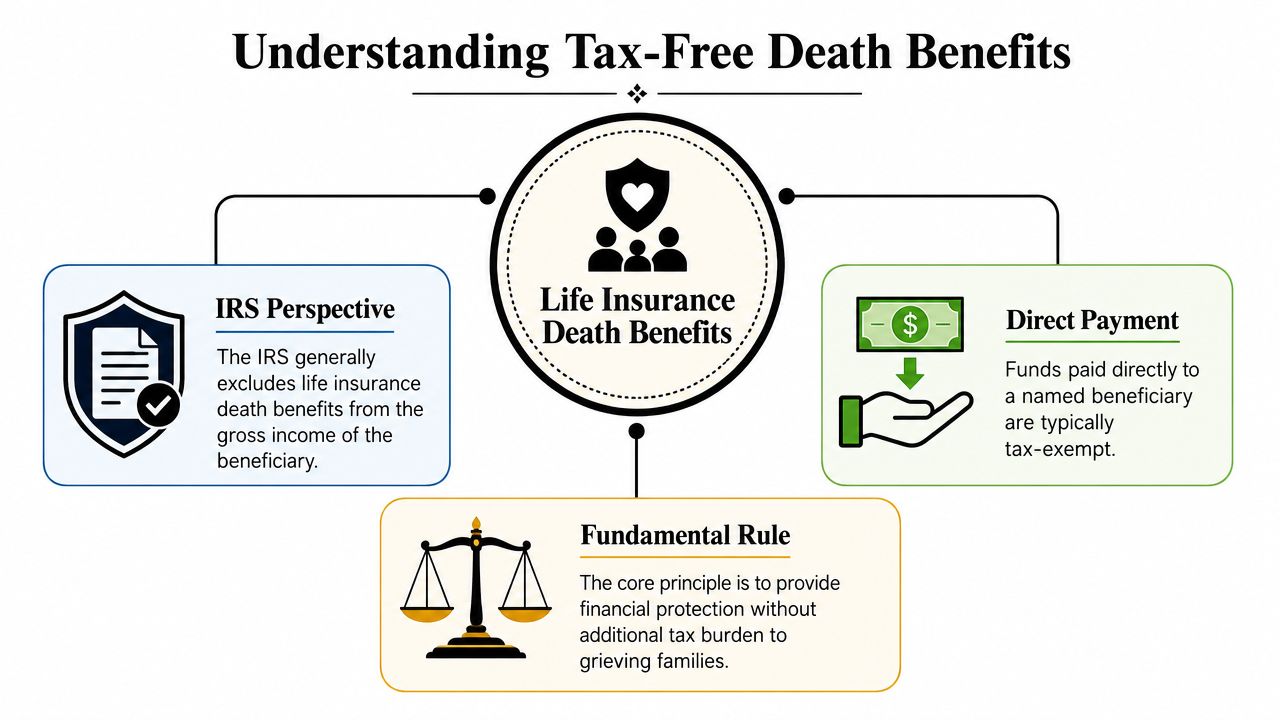 An infographic explaining how life insurance death benefits are generally tax-free for the named beneficiaries.