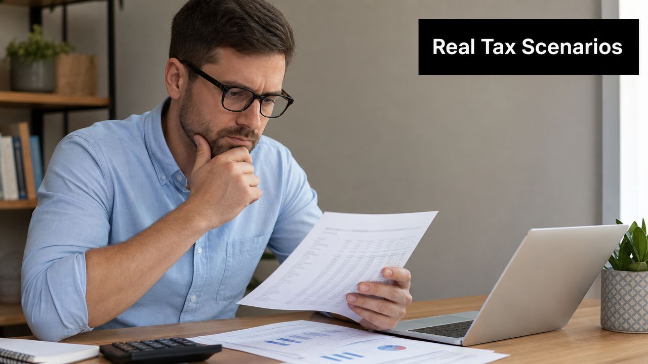 A focused man wearing glasses examines financial tax documents while working at his desk with a laptop.