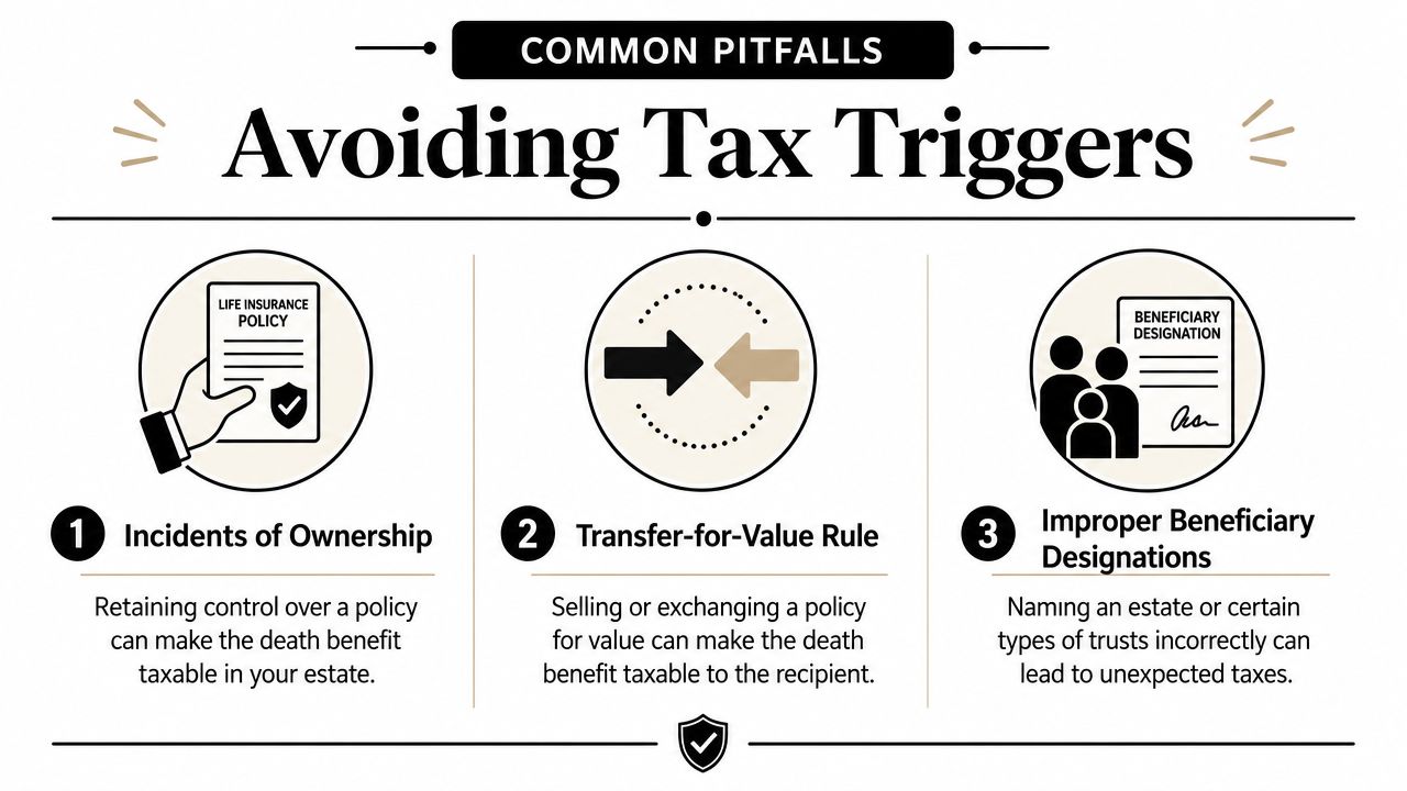 An infographic detailing three common life insurance pitfalls to avoid regarding potential tax triggers on death benefits.