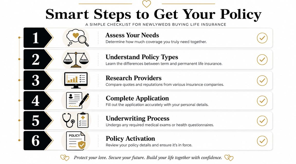 A six-step checklist infographic titled Smart Steps to Get Your Policy for newlyweds buying life insurance.