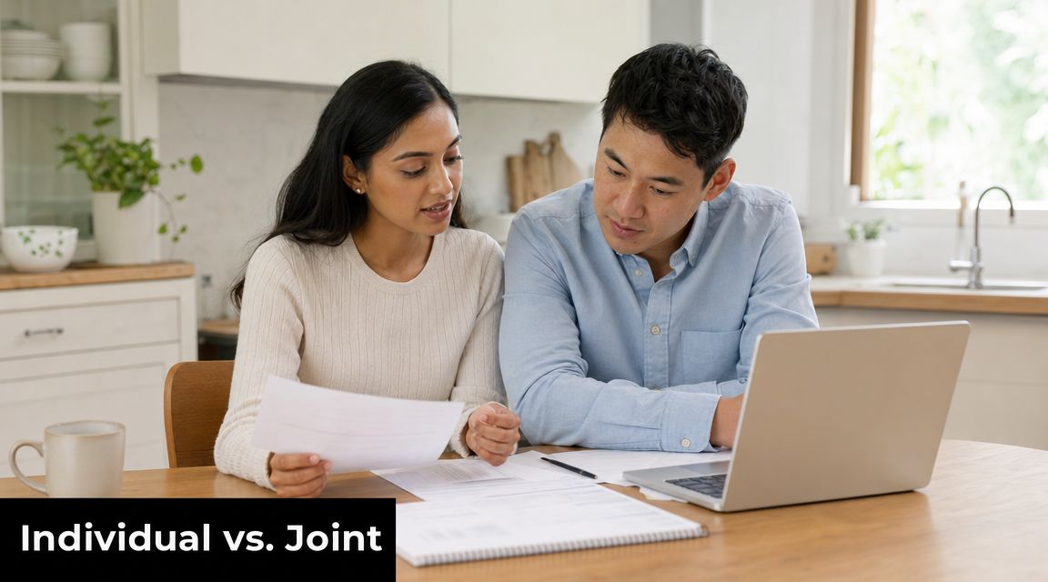 A young couple sits at a kitchen table looking at paperwork and a laptop while discussing financial plans.