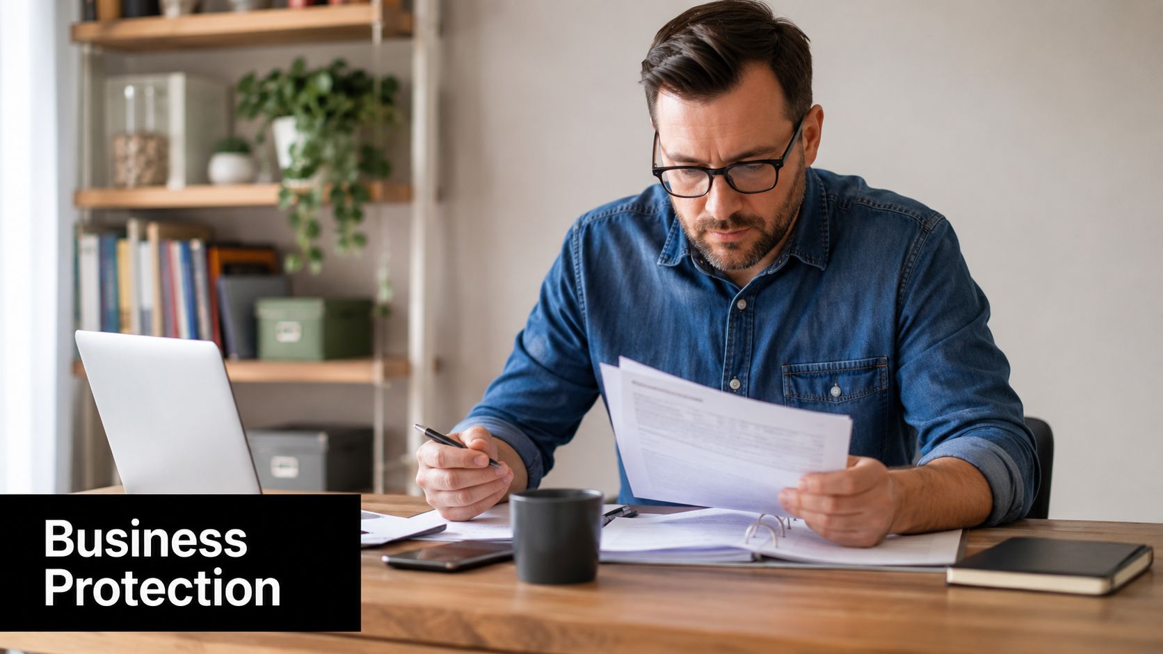 A focused man working at his desk, carefully reviewing important business documents and insurance paperwork.