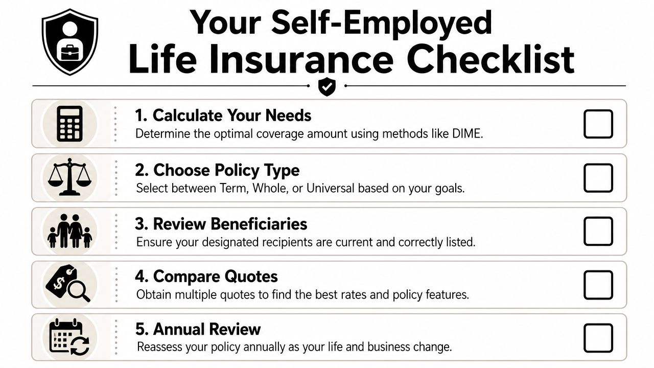 A five-step checklist for self-employed individuals to follow when choosing and maintaining life insurance coverage.