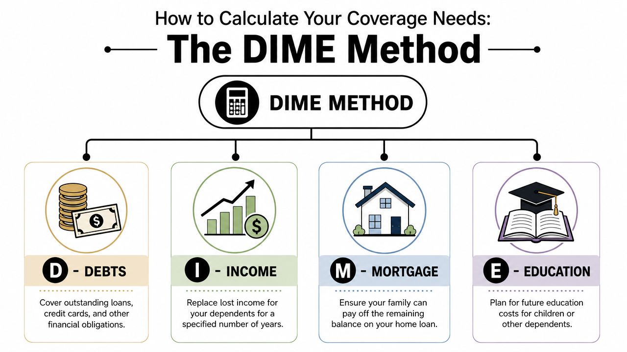 An infographic explaining the DIME method for calculating life insurance coverage needs including debts, income, mortgage, and education.