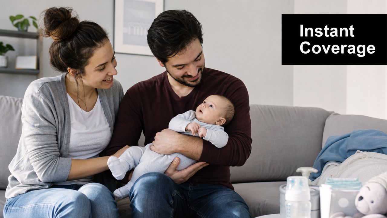 A happy young couple sitting on a couch while the father holds their newborn baby peacefully.