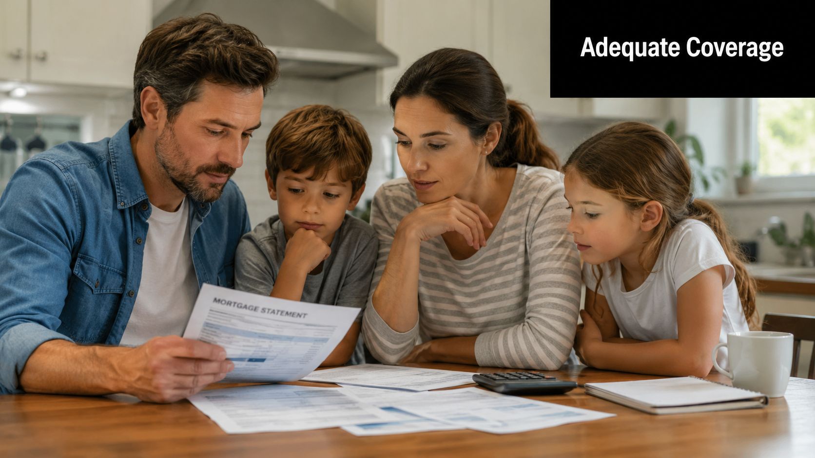 A family sits at a table together reviewing a mortgage statement while discussing financial plans.