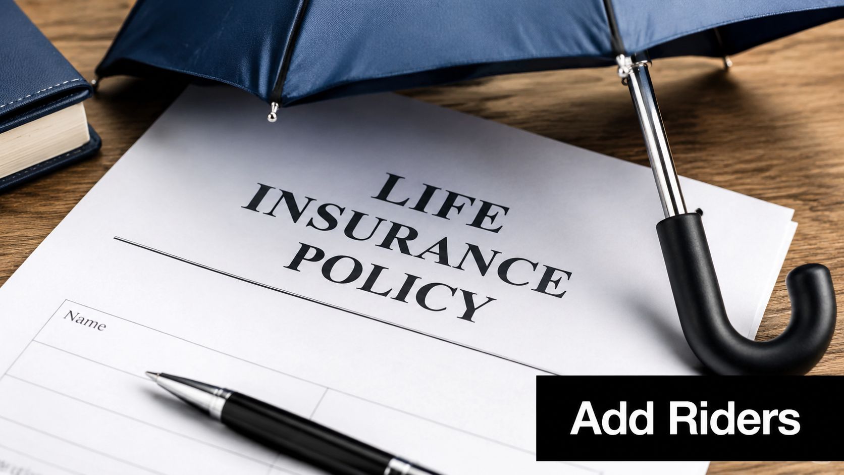 A life insurance policy document, a pen, and a blue umbrella on a wooden surface.
