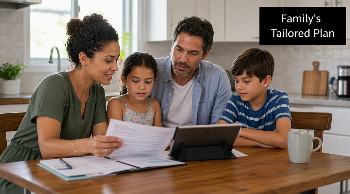 A family of four sitting at a wooden kitchen table reviewing financial documents together.