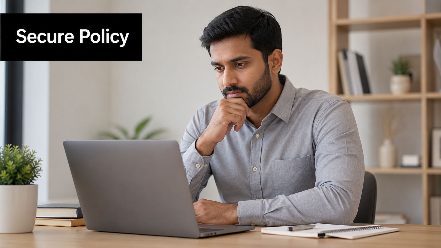 A professional man sitting at his desk working on a laptop, thoughtfully considering life insurance policies.