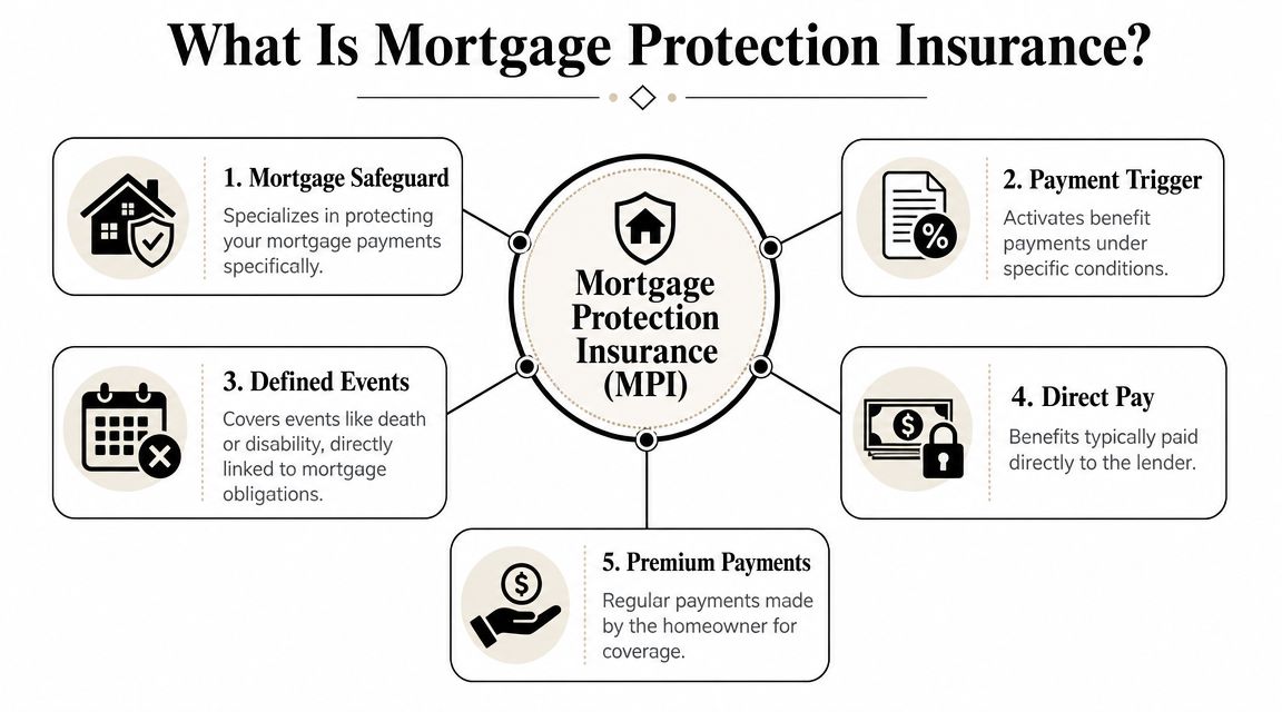 An infographic titled What Is Mortgage Protection Insurance showing five key features of the policy.