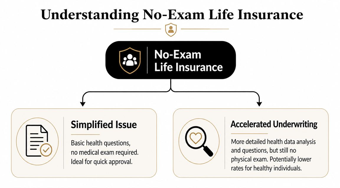 A diagram explaining no-exam life insurance, detailing simplified issue and accelerated underwriting options for policy approval.