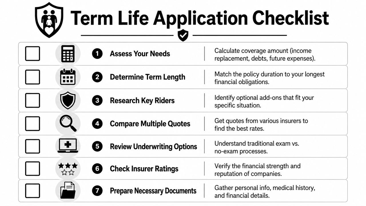 A checklist for the seven essential steps required when applying for a term life insurance policy.