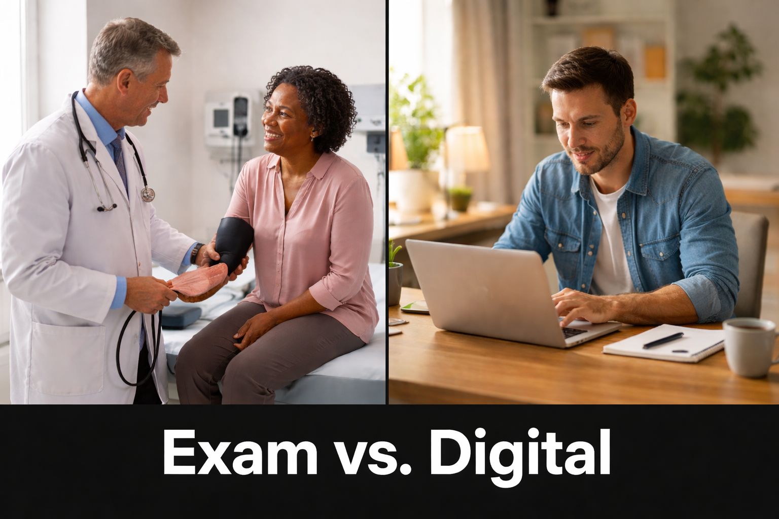 A split image contrasting an in-person medical examination with a man working digitally on his laptop.