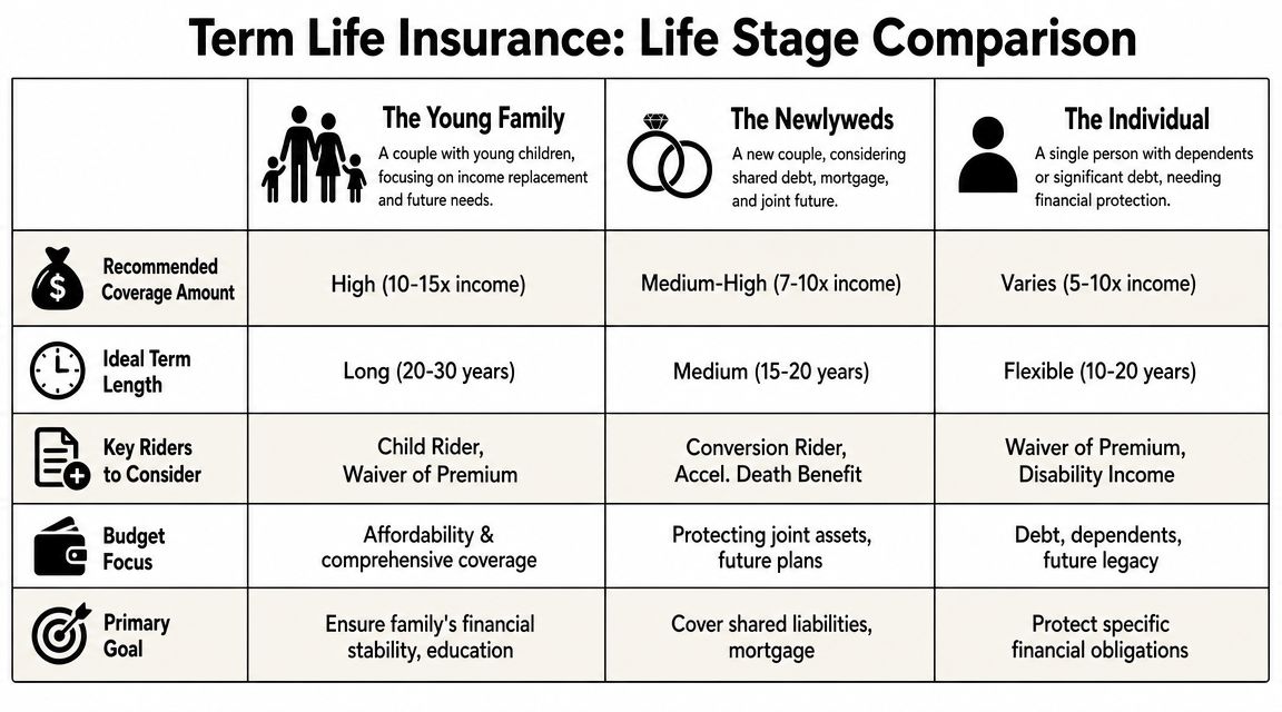 A comparative table outlining term life insurance recommendations tailored for young families, newlyweds, and single individuals.