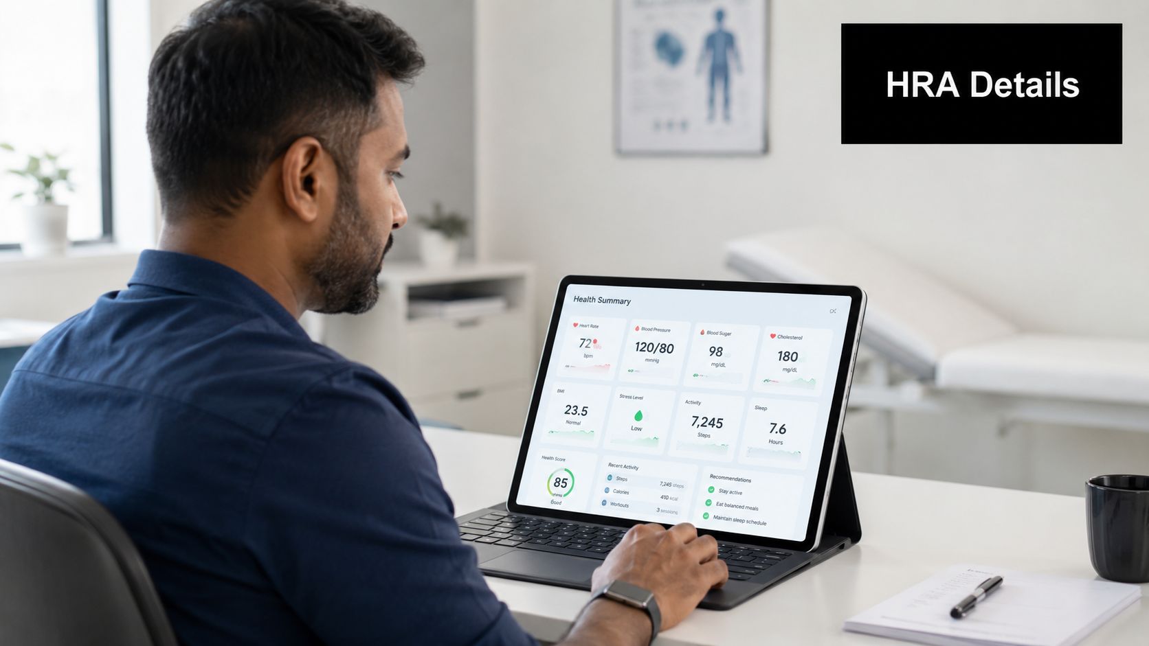 A man reviewing his health risk assessment metrics on a tablet computer in a clean office setting.