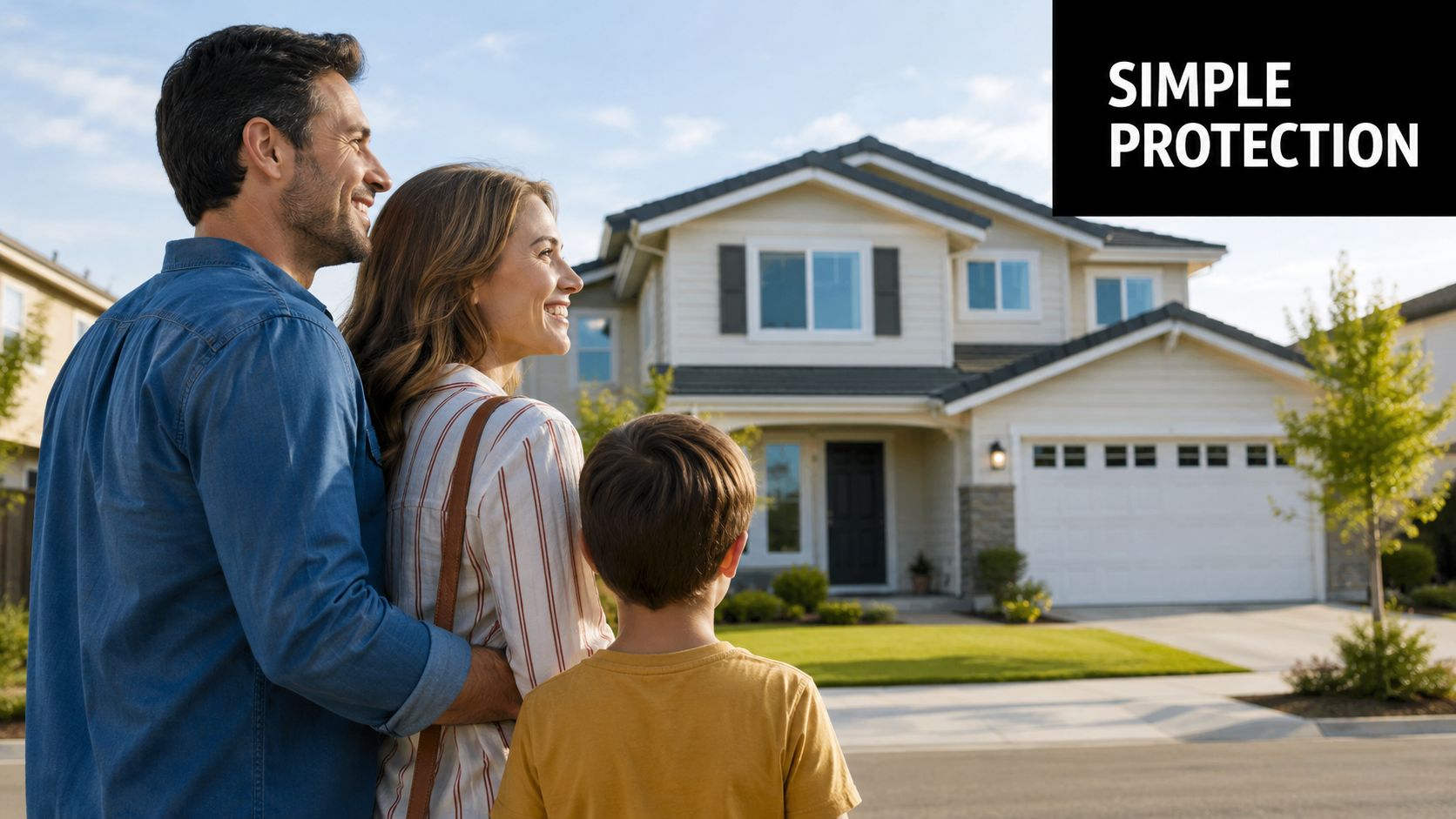 A family consisting of a father, mother, and son looking at their new suburban home together.
