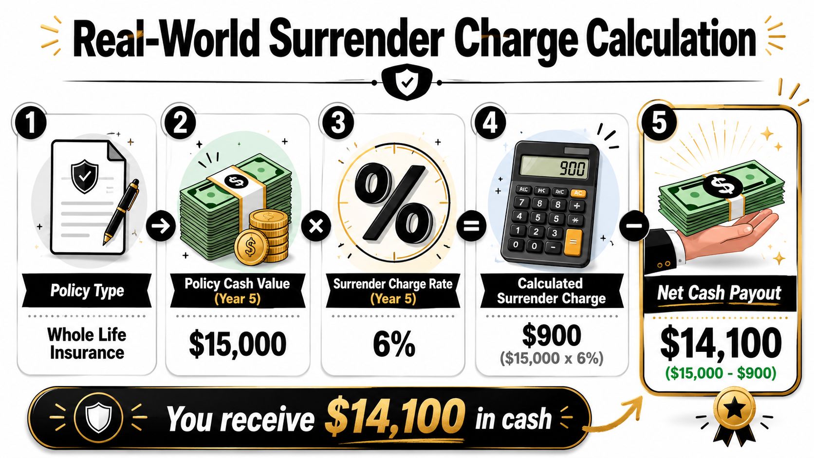 An infographic showing the step-by-step calculation of a surrender charge on a whole life insurance policy.