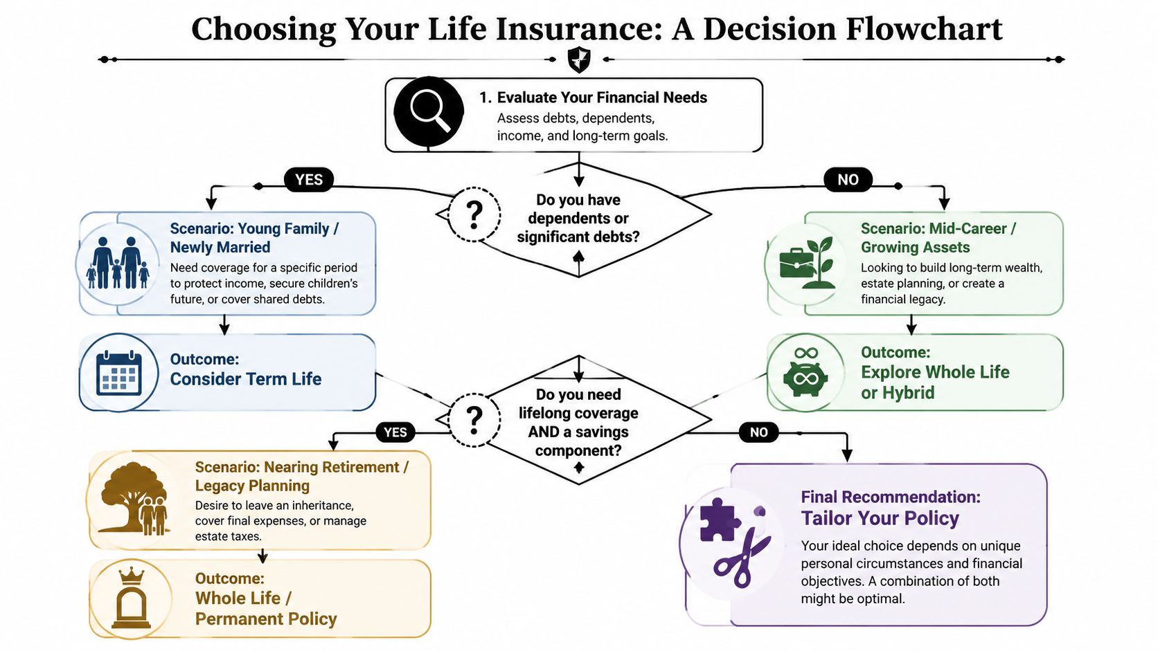 A decision flowchart for choosing between term life, whole life, or hybrid life insurance policies.