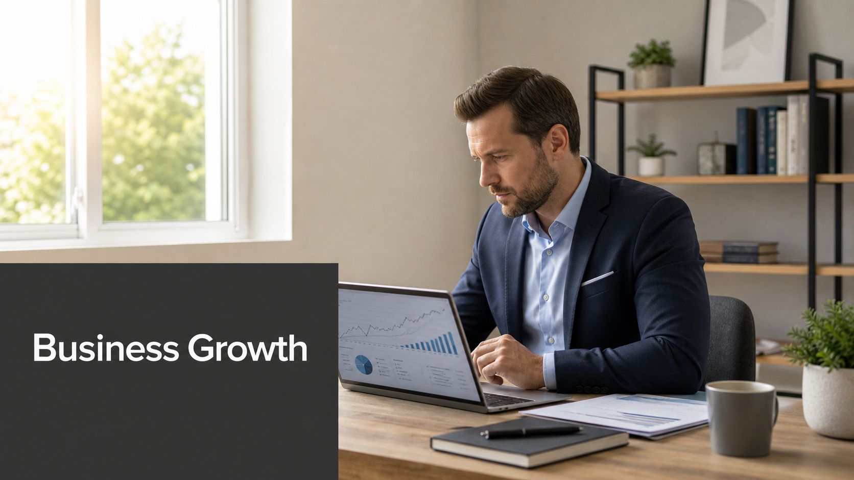 A professional businessman in a suit analyzing business growth charts and data on his laptop screen.