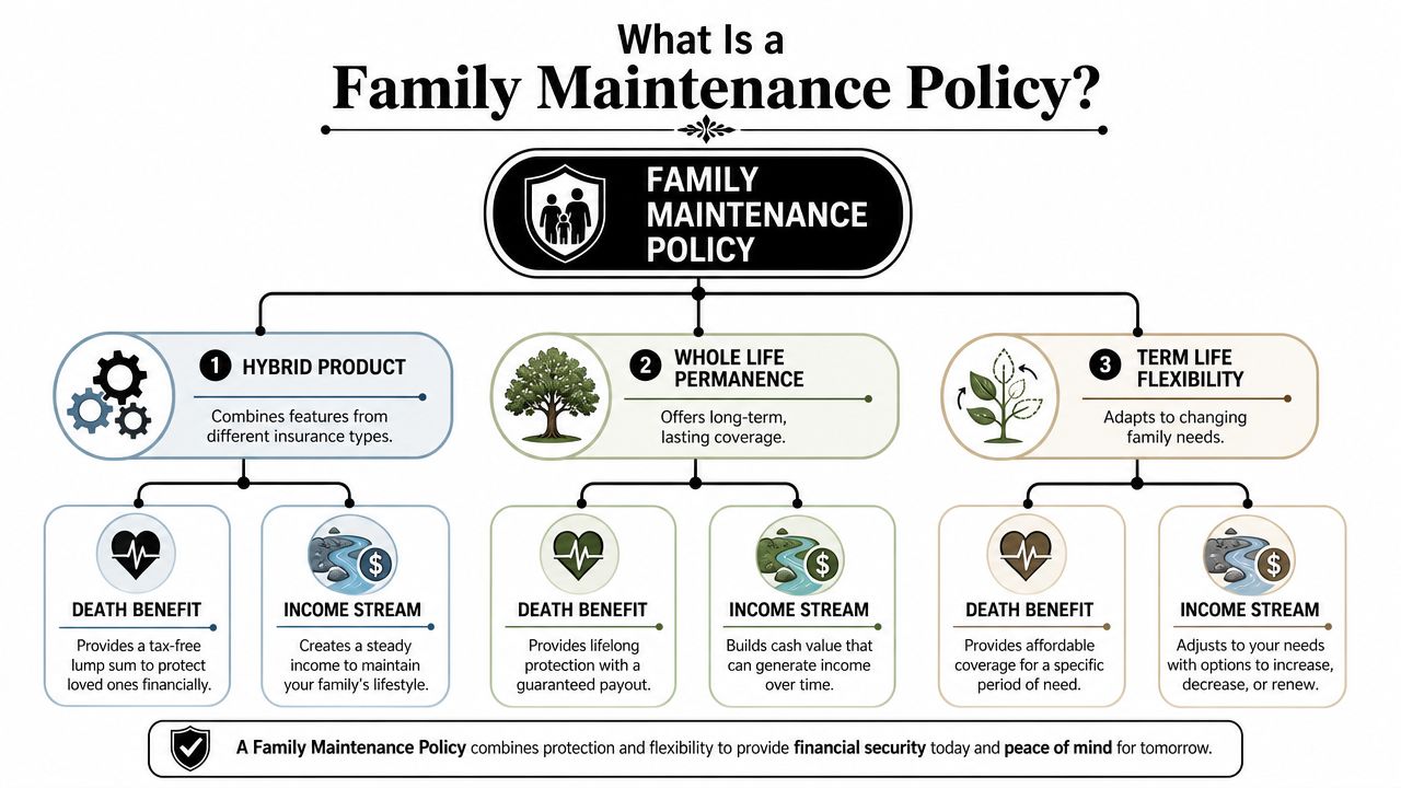 A diagram explaining a family maintenance policy as a hybrid product combining whole life and term life benefits.