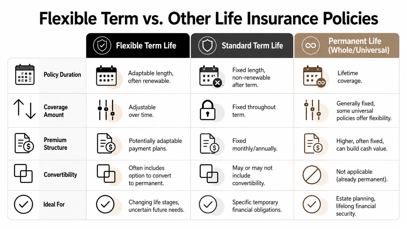 A comparison table outlining the differences between flexible term, standard term, and permanent life insurance policies.
