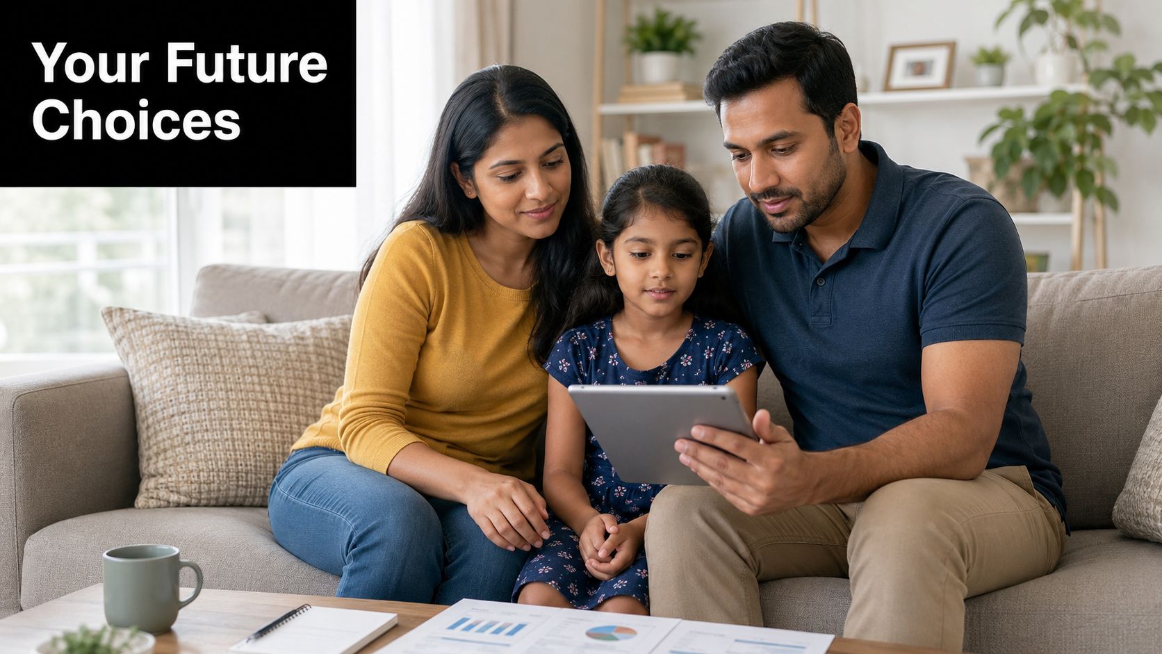 A family of three sitting together on a sofa while viewing financial documents on a digital tablet.