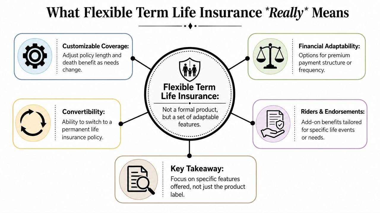 An infographic explaining that flexible term life insurance refers to a set of adaptable policy features.