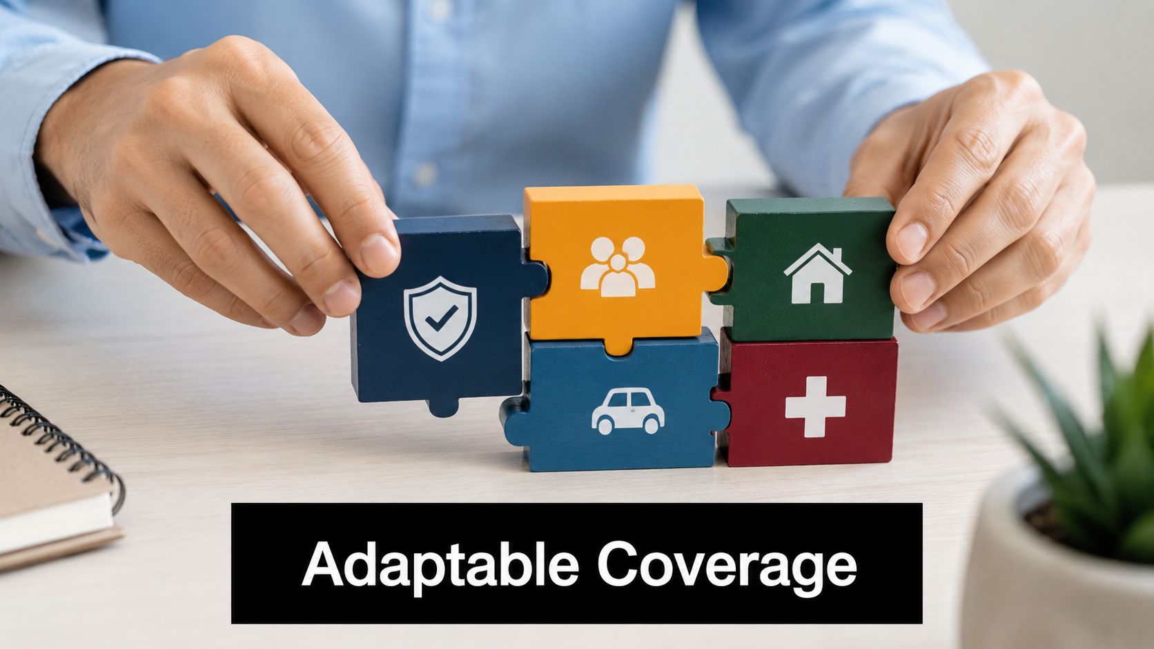 Hands assembling colorful puzzle pieces featuring icons representing different types of insurance coverage.