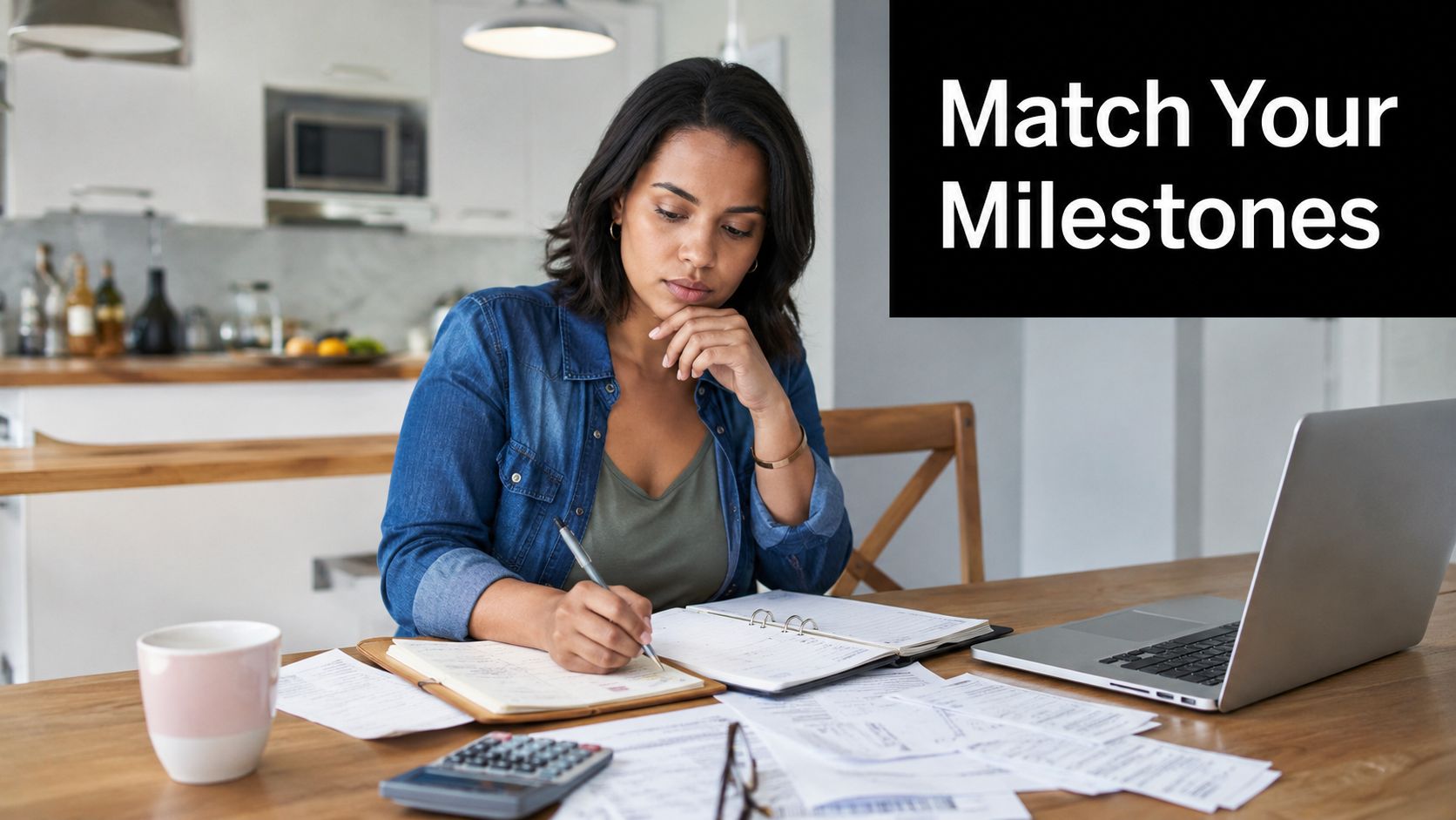 A focused woman sitting at a kitchen table managing personal finances with a planner and calculator.