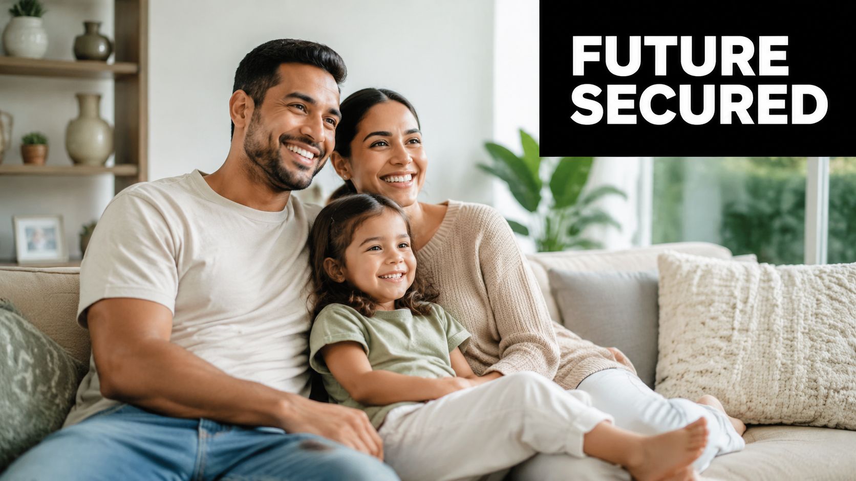 A happy young family sitting together on a comfortable sofa smiling at home.