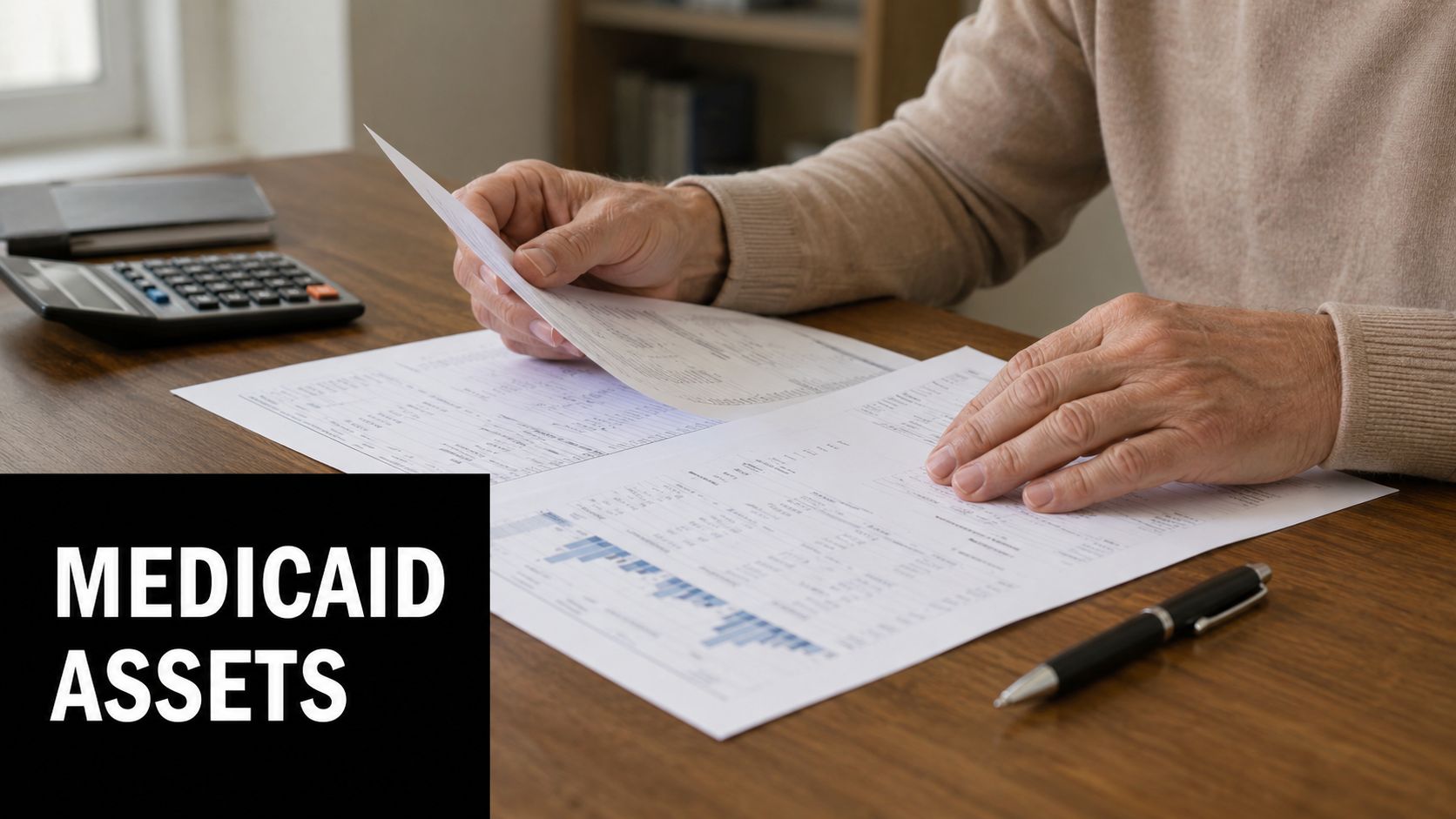 An elderly person reviewing financial documents and Medicaid asset information at a wooden office desk.
