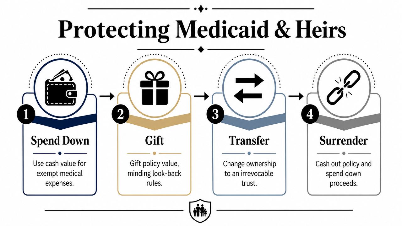 A four-step infographic illustrating methods to protect assets and heirs when applying for Medicaid eligibility.