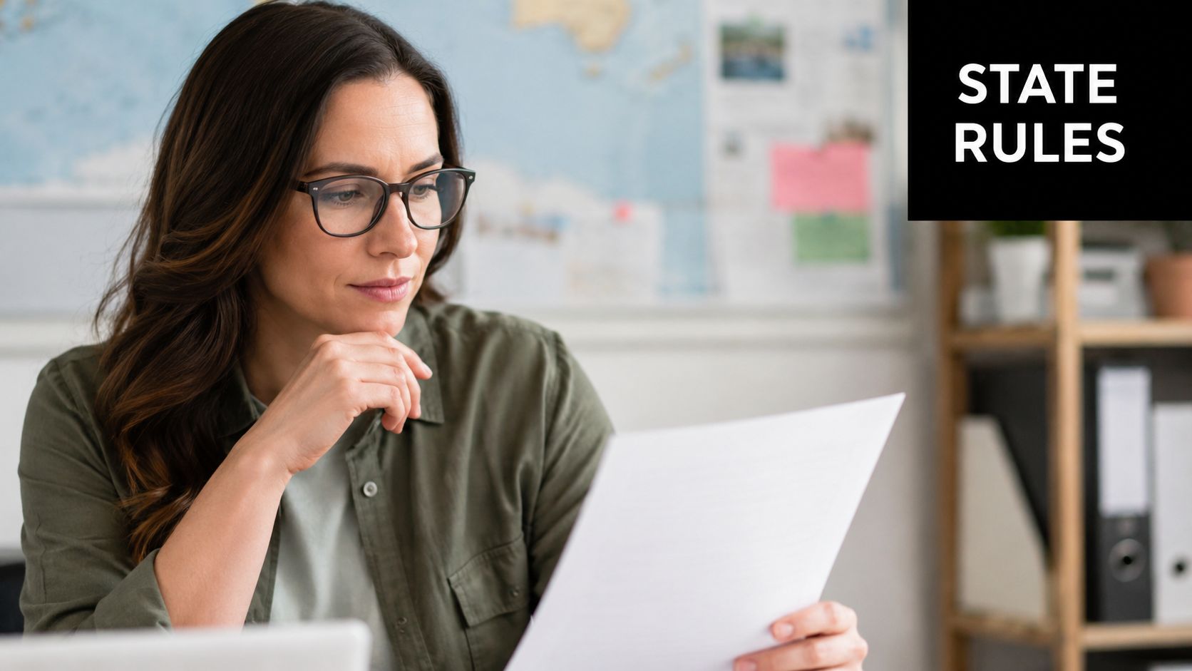 A professional woman reviewing documents while considering state rules regarding life insurance and Medicaid eligibility.