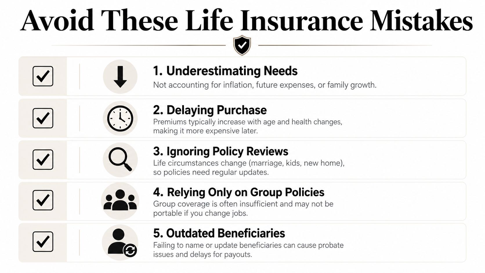 A list of five common life insurance mistakes to avoid, including underestimating needs and outdated beneficiaries.