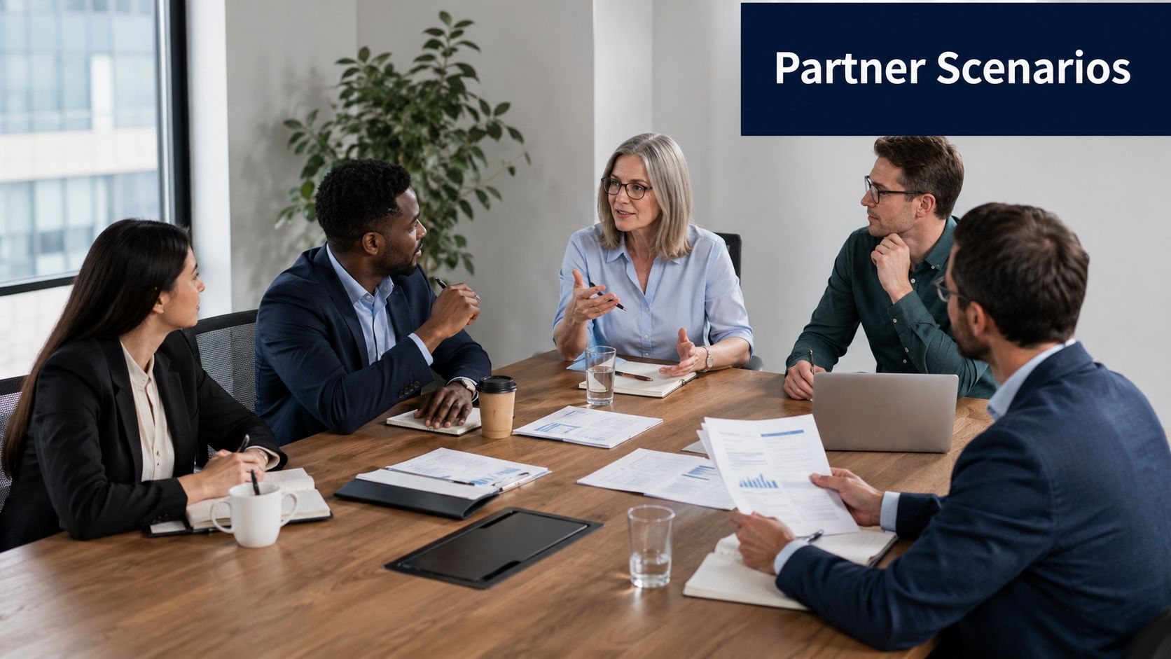 A diverse group of business professionals sitting around a wooden table during a collaborative meeting.